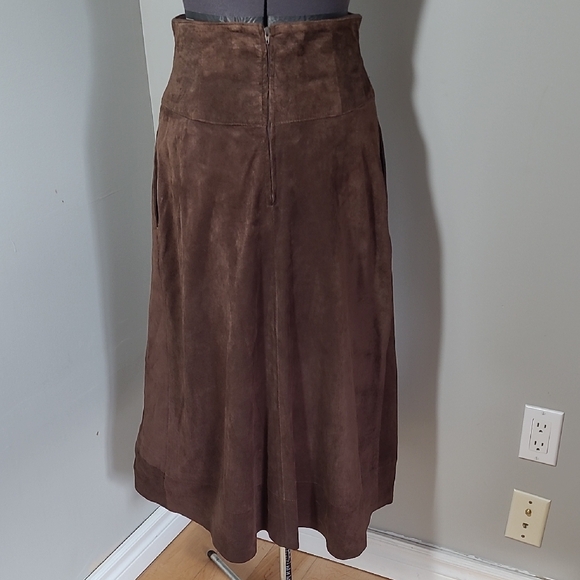 SM Real Suede Brown A-Line Skirt Vintage Genuine Leather Diamond Marquis - Picture 8 of 16